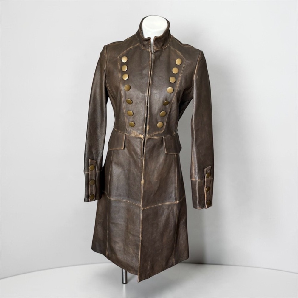 Vintage Newport News Distressed Brown 100% Leather Military Steampunk Jacket